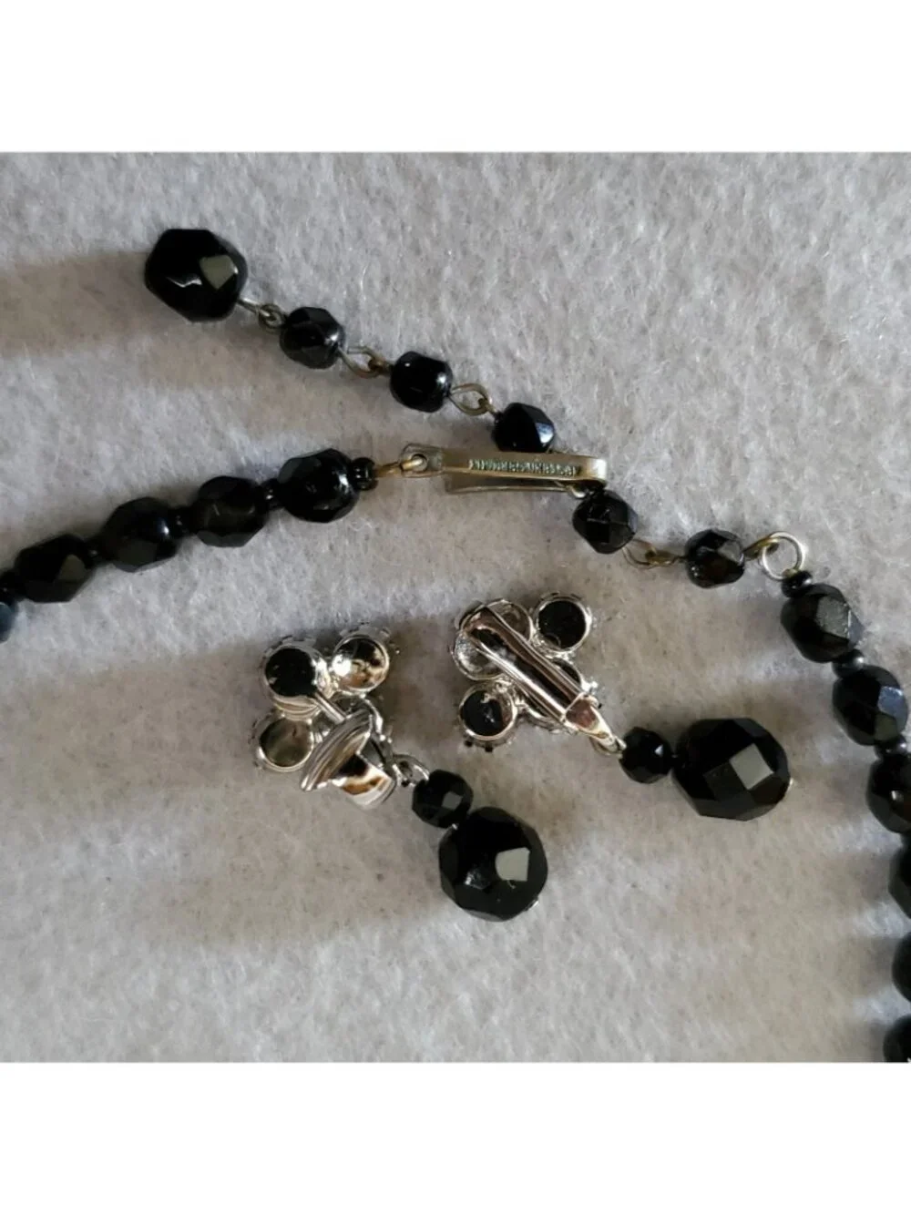 Vintage Beaded Necklace Earring Lot Faceted Black Glass Clip On 14-15
